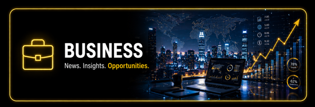 Futuristic digital banner representing Business News, Insights and Opportunities