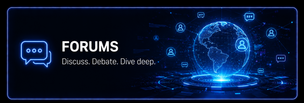 Futuristic banner representing online discussion forums for communities with shared interests.