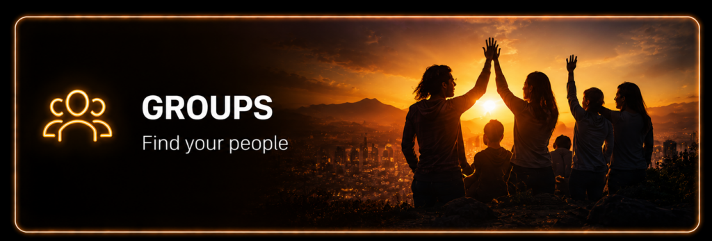 Futuristic banner representing online group communities with shared interests.
