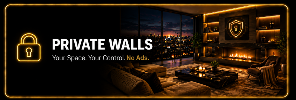 Futuristic social media banner representing private personal profile walls and user activity.