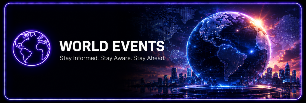 Futuristic digital banner representing World Events and international news.