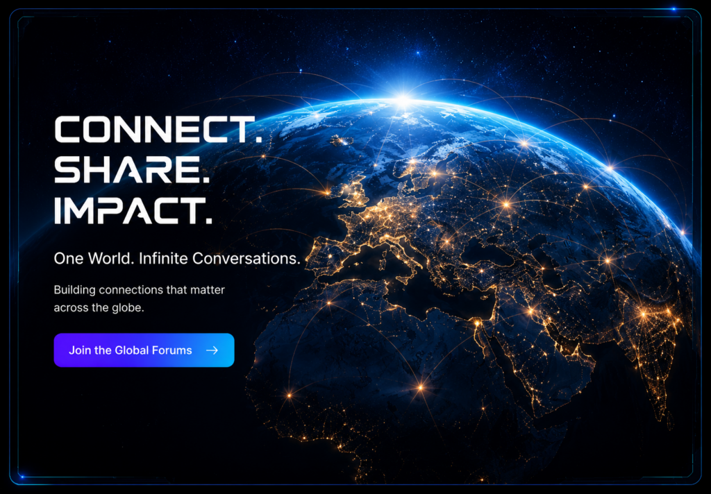 Hero banner for the Blahface homepage featuring a futuristic digital network representing global communication and social interaction. Blahface brings together people, businesses, groups, forums, and communities to connect, share ideas, discover content, and participate in meaningful conversations across a wide range of interests.